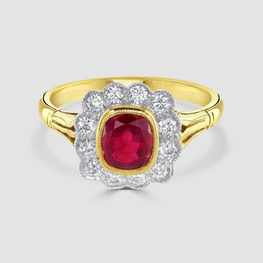 18ct yellow gold ruby diamond cushion cluster ring