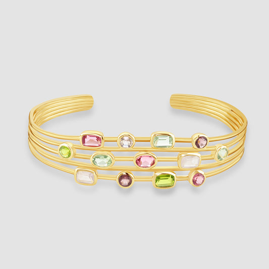 Multi gemstone wire work gold plated silver cuff bangle