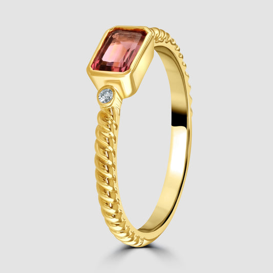Yellow gold pink tourmaline and diamond ring