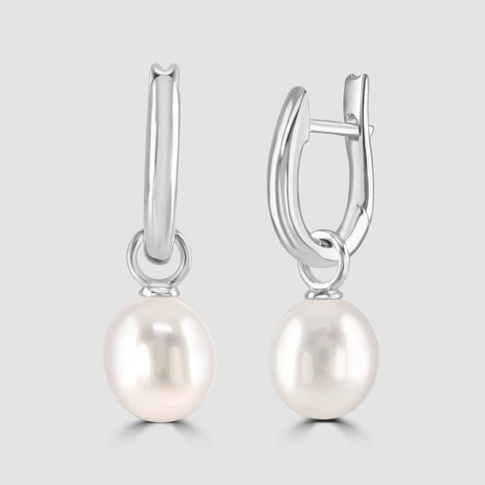 9ct white gold huggy hoop earrings with pearl drop