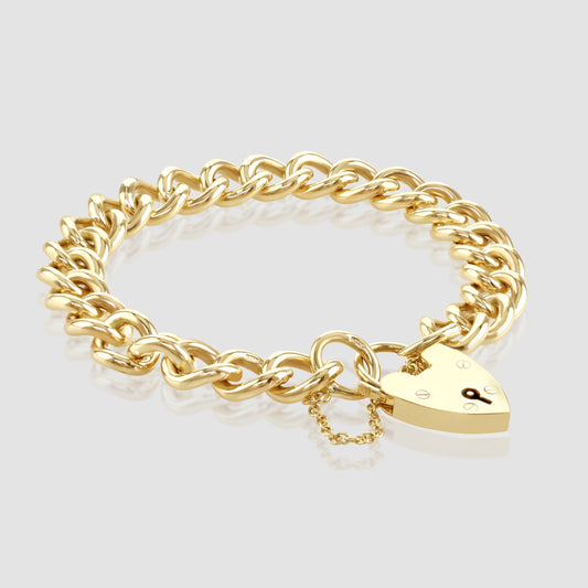 9ct solid curb bracelet with heart padlock