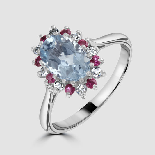 Aquamarine, ruby and diamond cluster ring