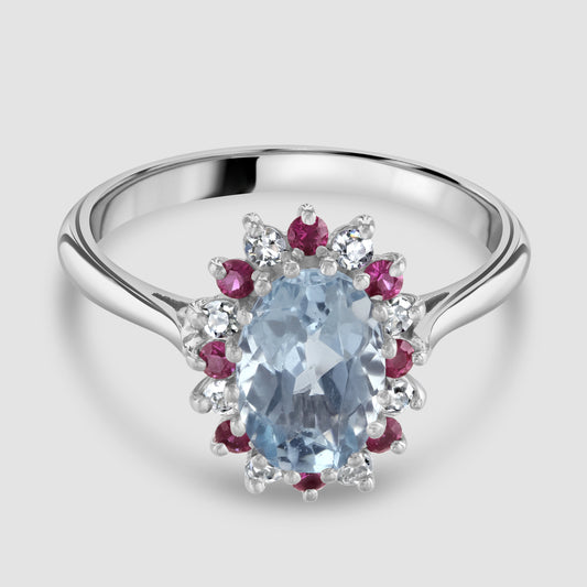 Aquamarine, ruby and diamond cluster ring