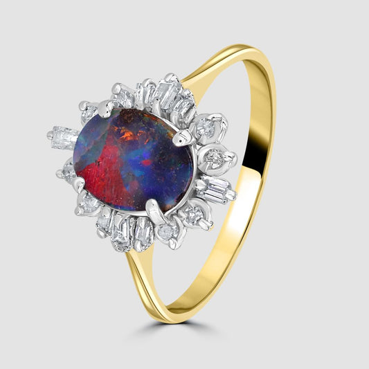 Black opal and mixed cut diamond cluster ring