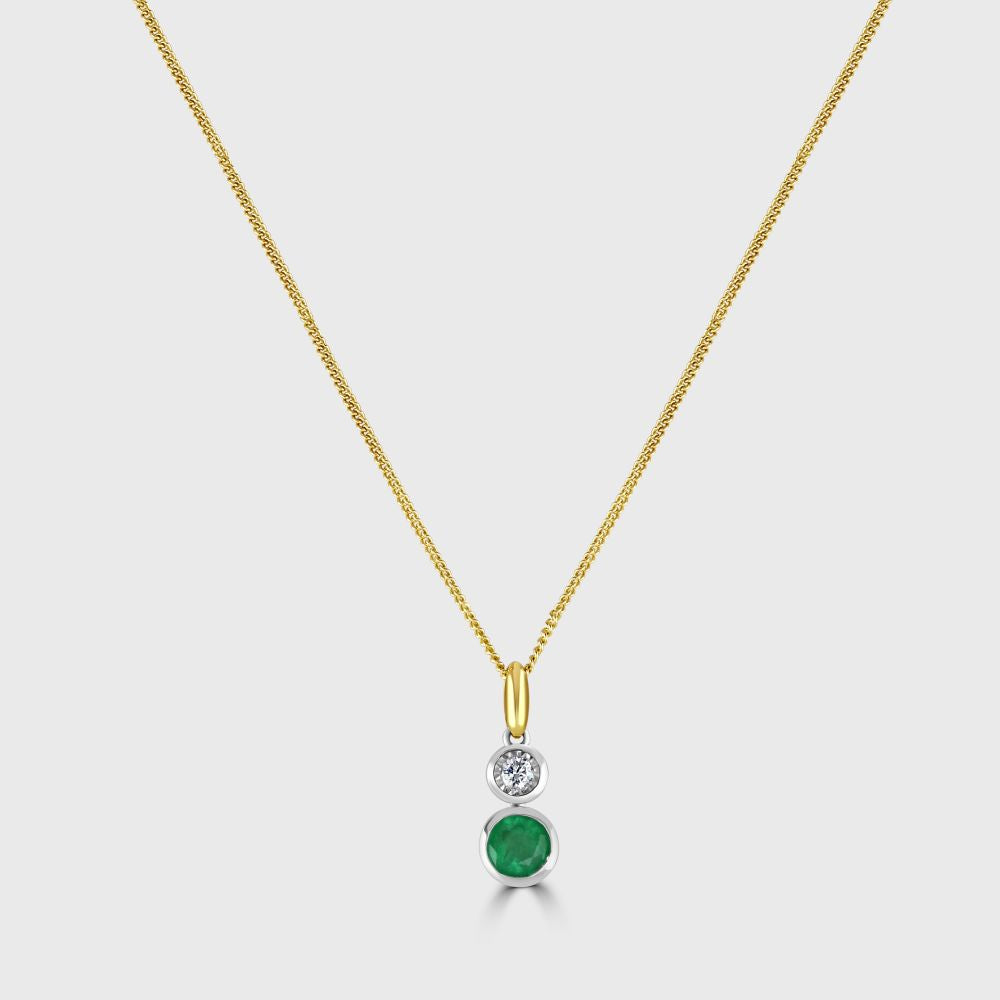 Emerald and diamond two stone pendant and chain