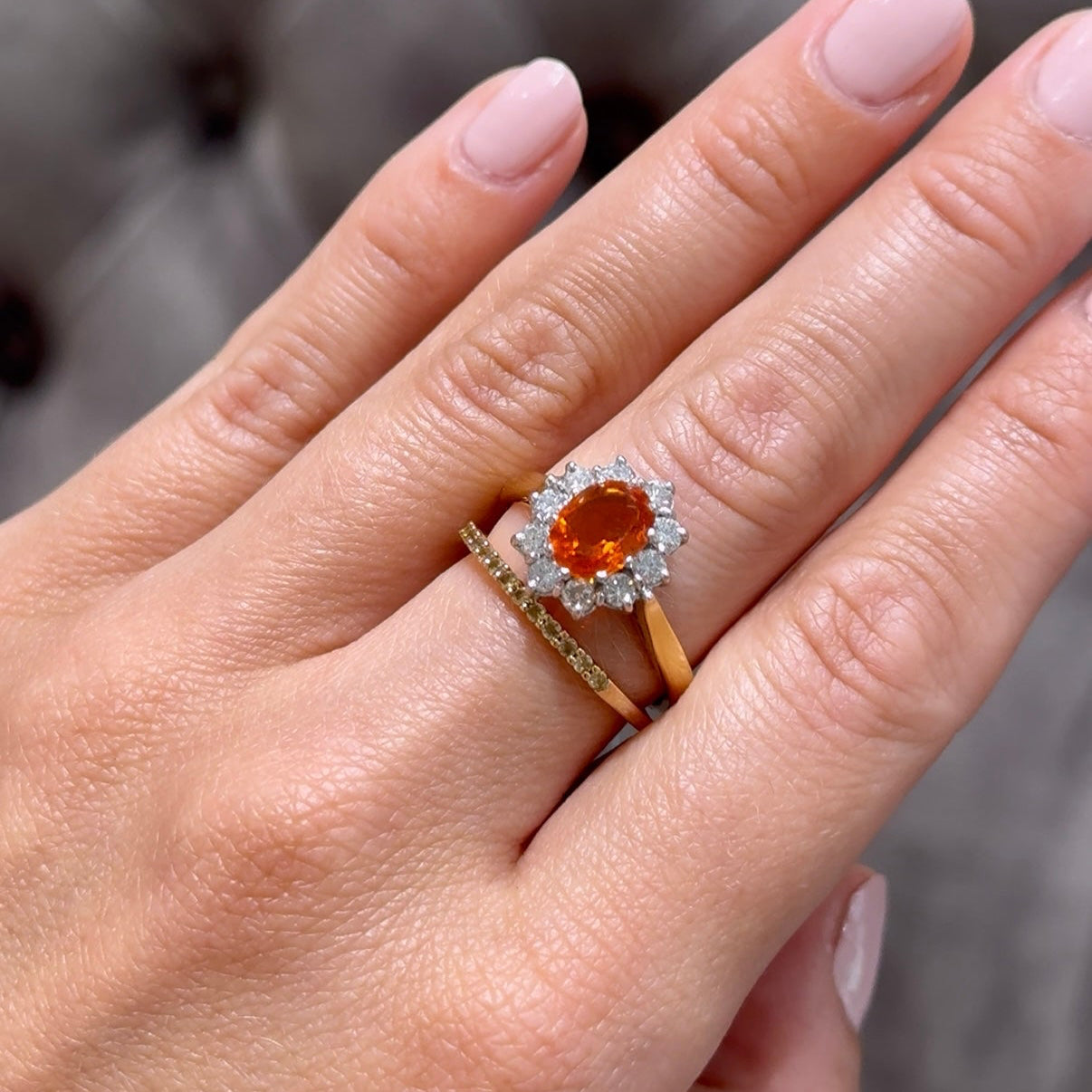 Fire opal and diamond oval cluster ring