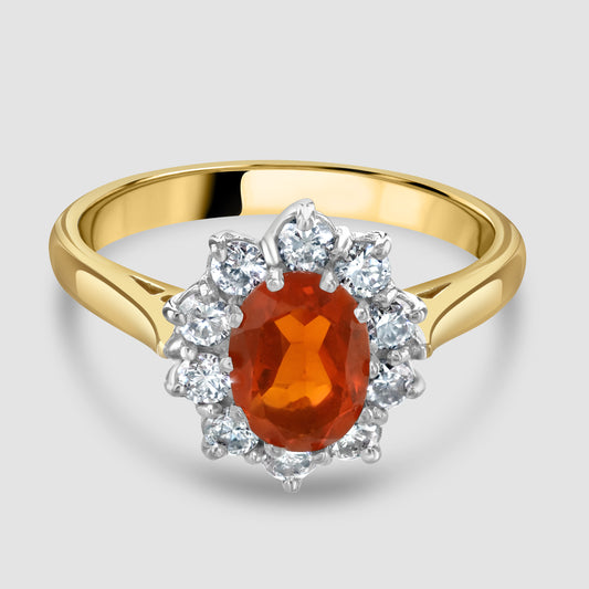 Fire opal and diamond oval cluster ring