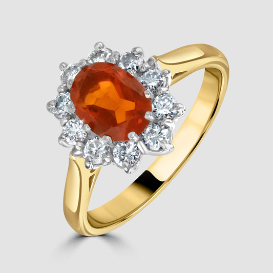 Fire opal and diamond oval cluster ring