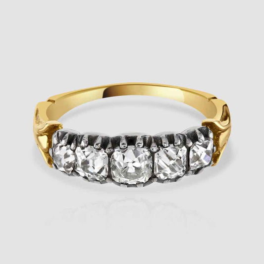 Gold diamond five stone ring with silver settings