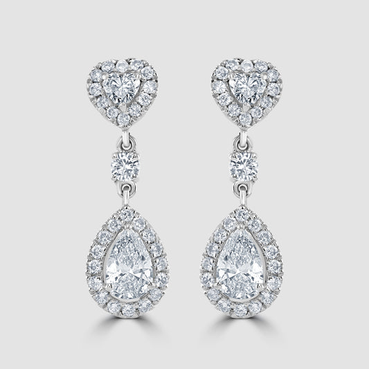 Heart and pear shape diamond drop earrings