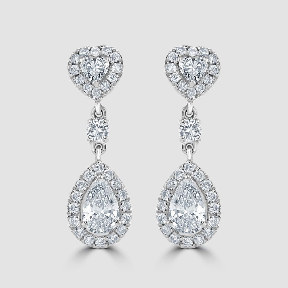 Heart and pear shape diamond drop earrings