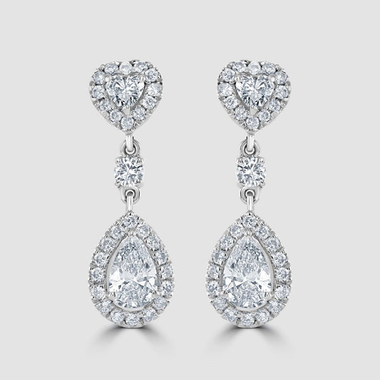 Heart and pear shape diamond drop earrings