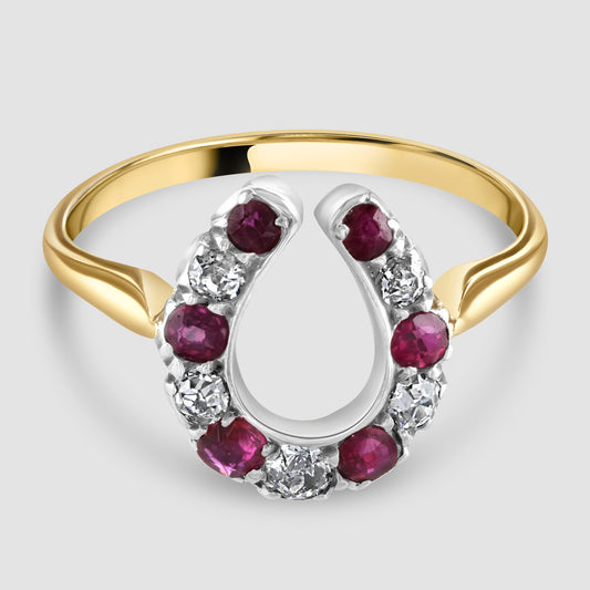 Ruby and diamond horseshoe ring