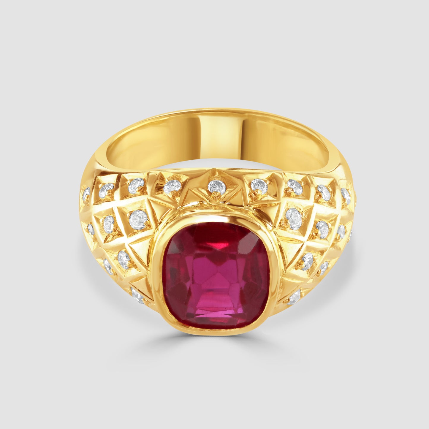 Synthetic ruby and natural diamond bombe ring