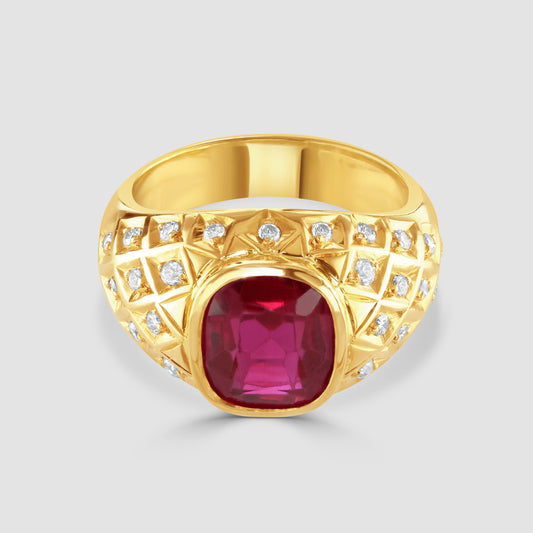 Synthetic ruby and natural diamond bombe ring