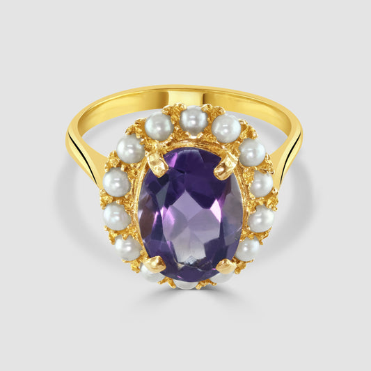 Amethyst and pearl cluster ring
