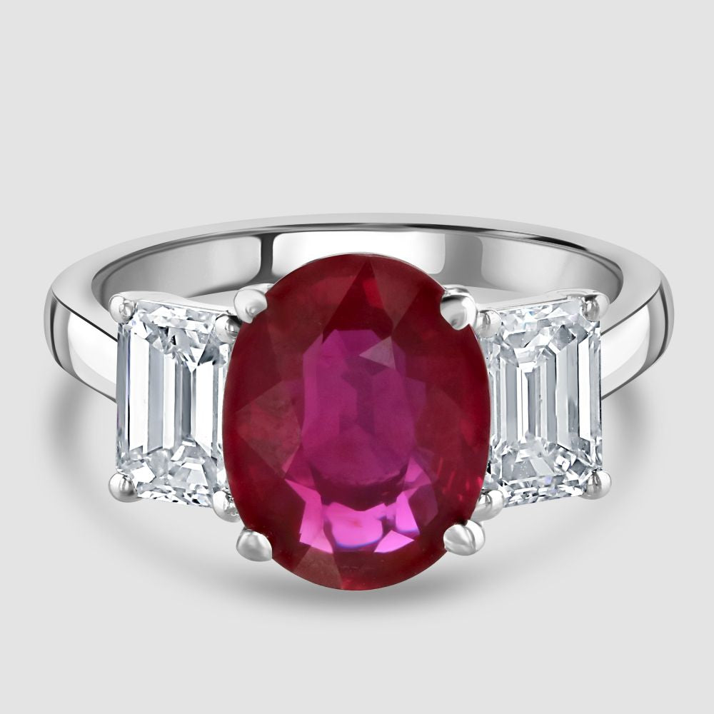 Natural unheated ruby and diamond three stone ring