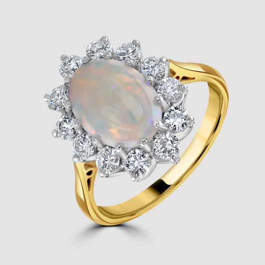 Opal and diamond oval cluster ring