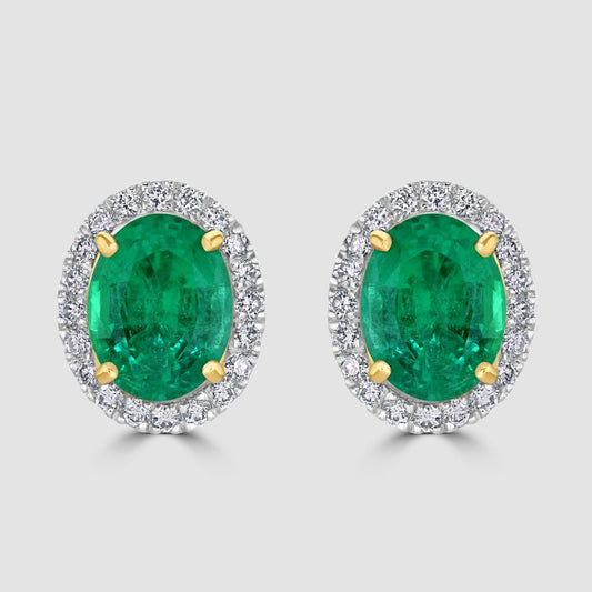 Oval emerald and diamond cluster stud earrings