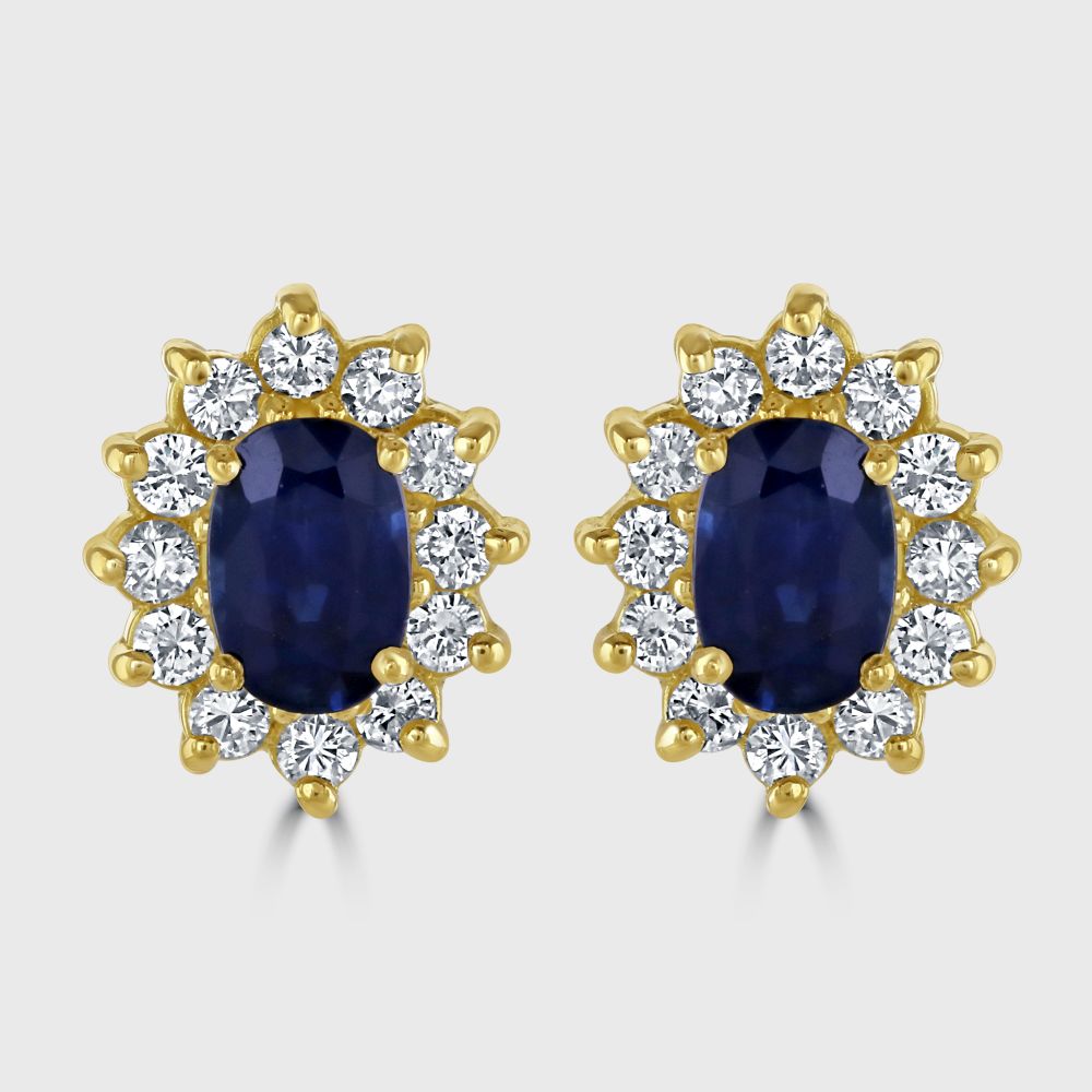 Oval sapphire and diamond claw set cluster stud earrings