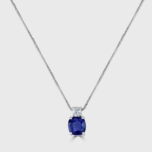 Oval sapphire and round diamond pendant and chain