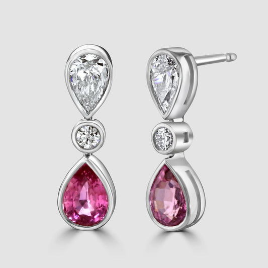 Padparadscha sapphire and diamond drop earrings