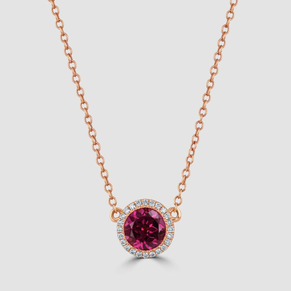 Pink tourmaline and diamond circular cluster pendant and chain