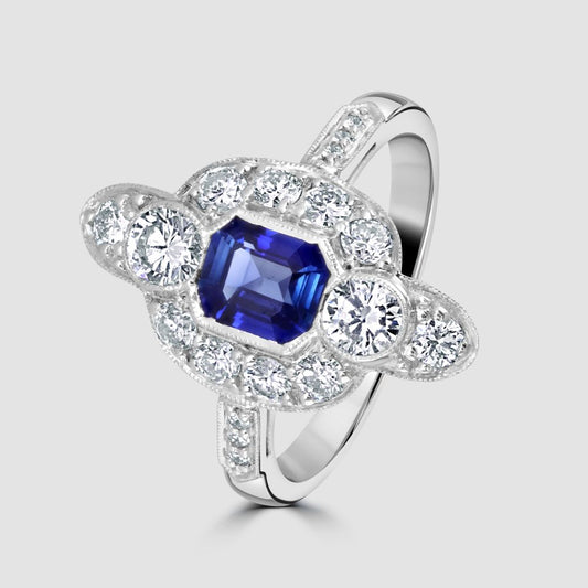 Platinum Art Deco style sapphire and diamond cluster ring