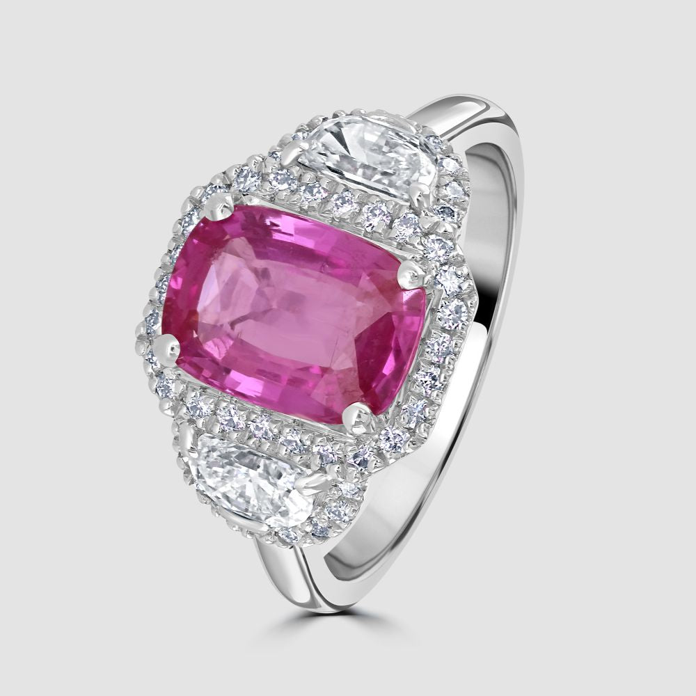 Platinum pink sapphire and half moon diamond ring