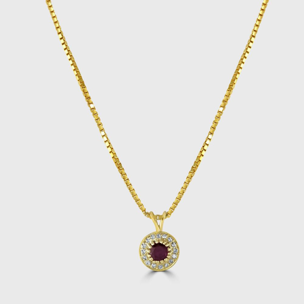 Ruby and diamond circular pendant and chain