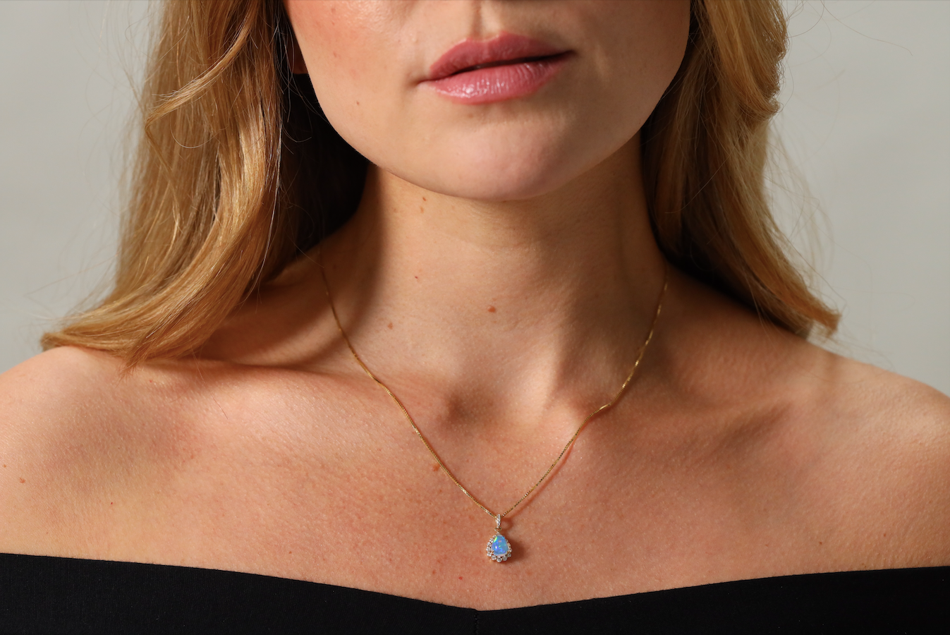 Opal and diamond teardrop pendant and chain