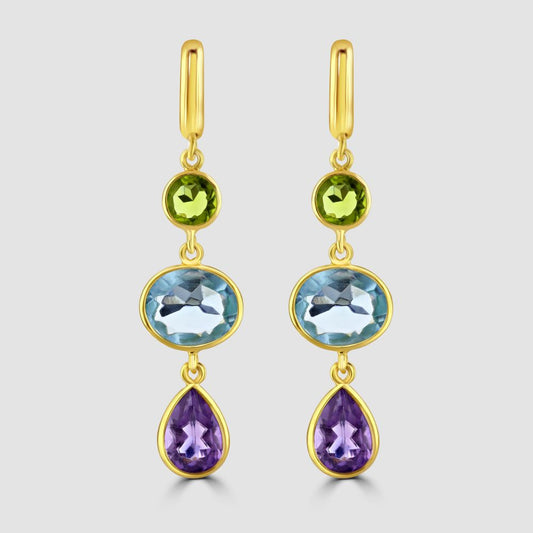 Silver, gold plated, amethyst, peridot and blue topaz drop earrings