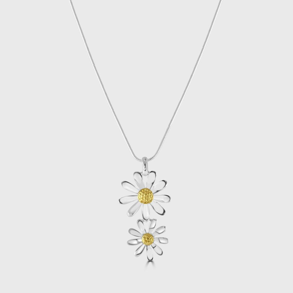 Silver and gold plated double drop daisy pendant and chain