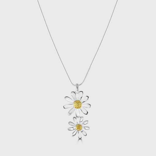 Silver and gold plated double drop daisy pendant and chain