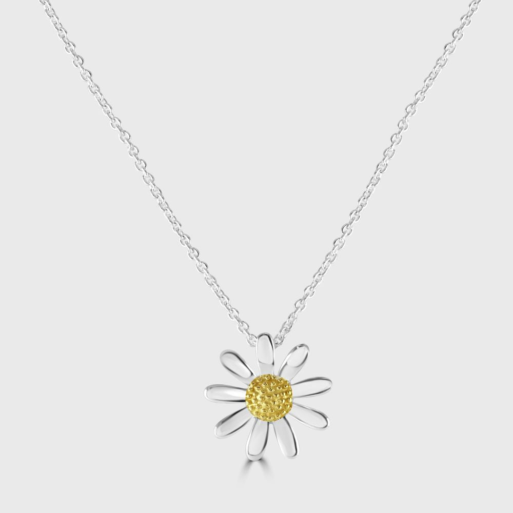 Silver and gold plated large daisy pendant and chain