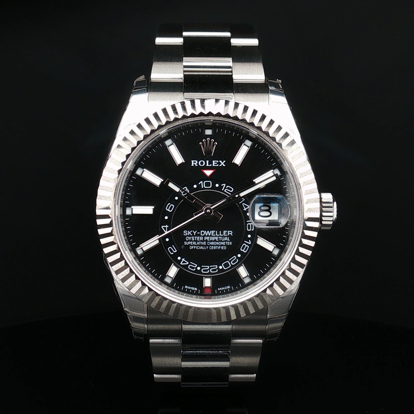 Steel Rolex Sky Dweller with black dial