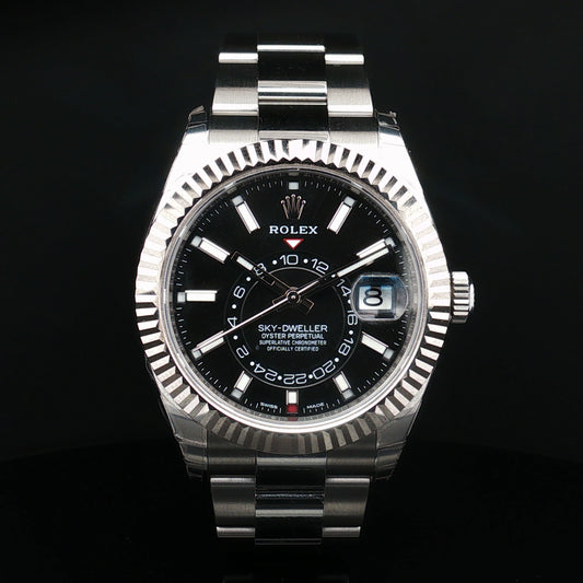 Steel Rolex Sky Dweller with black dial