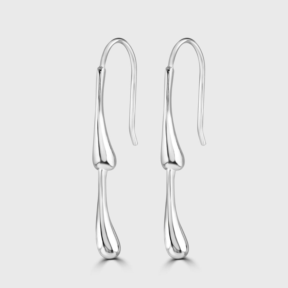 Slim silver tapering pod design drop earrings