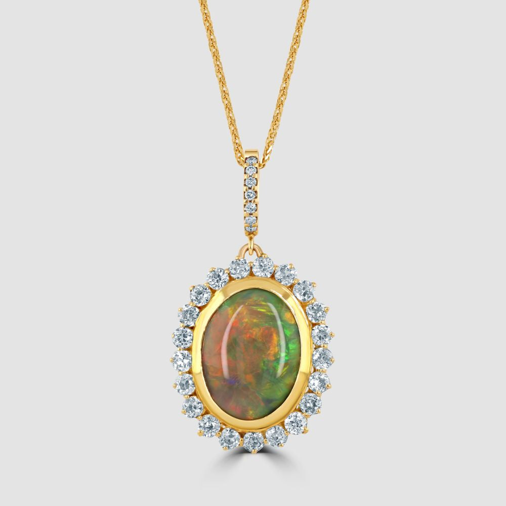 Superior opal and diamond oval cluster pendant and chain