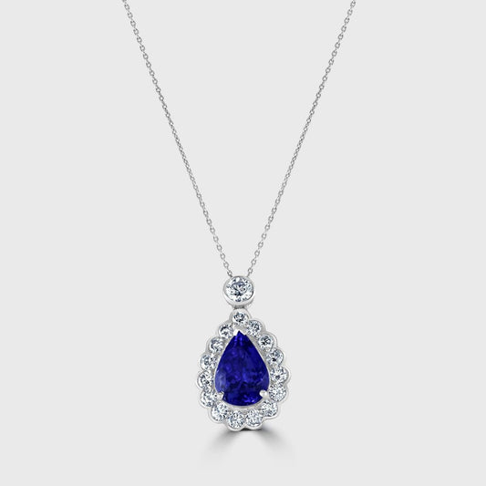 Superior tanzanite and diamond pear shape pendant and chain