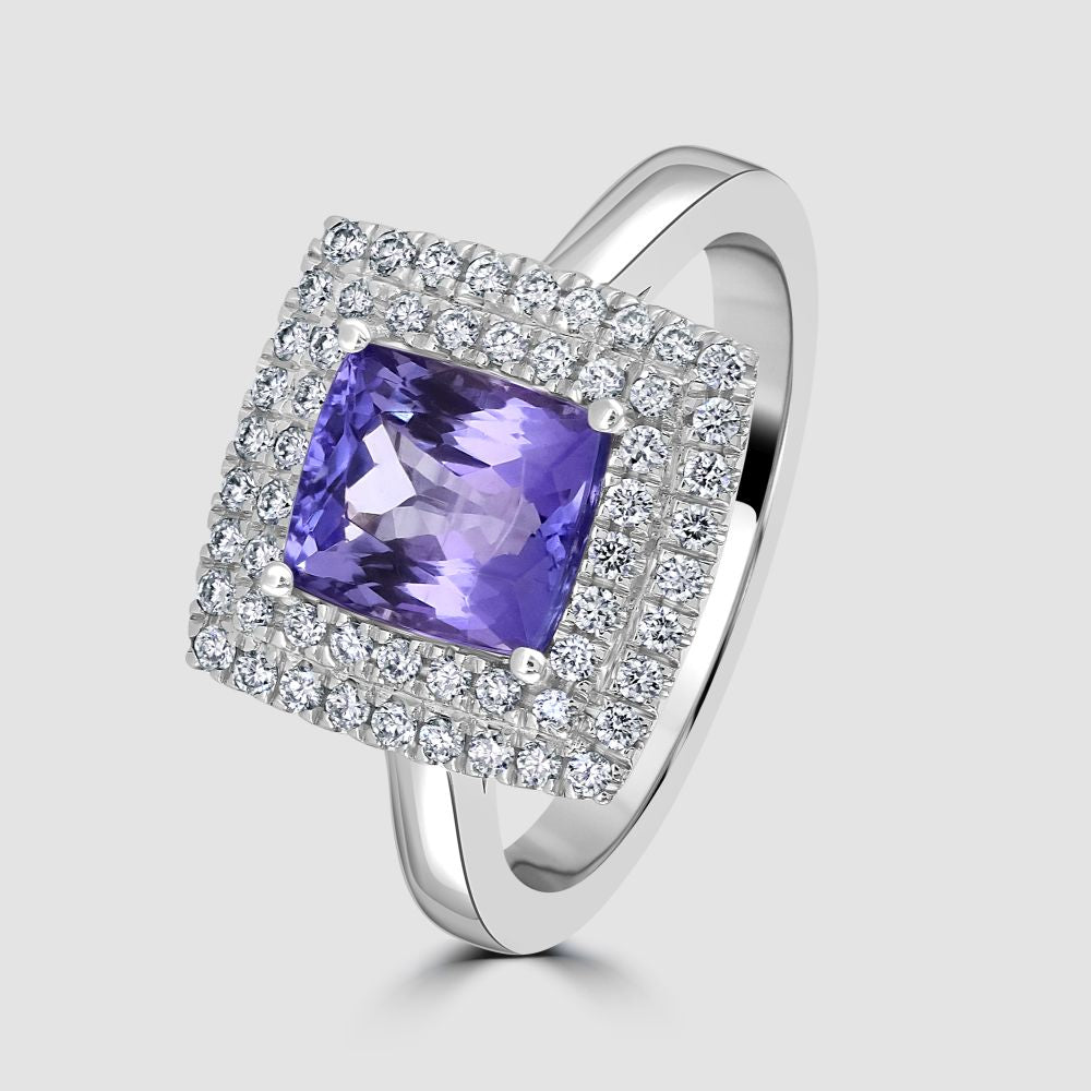 Tanzanite and diamond double row cluster ring