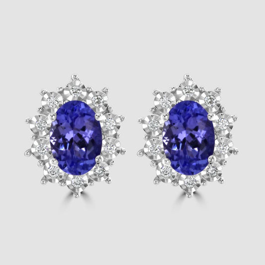 Tanzanite and diamond oval cluster stud earrings