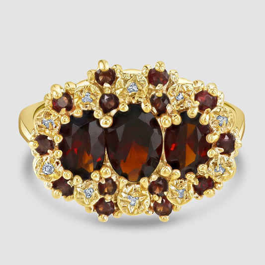 Triple cluster garnet and diamond ring