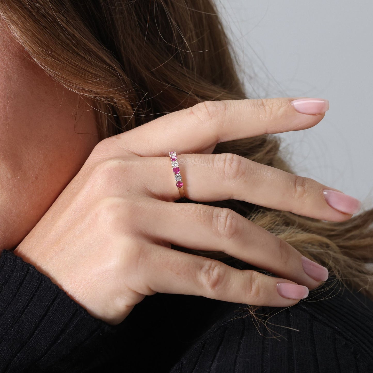 Ruby and diamond half eternity ring