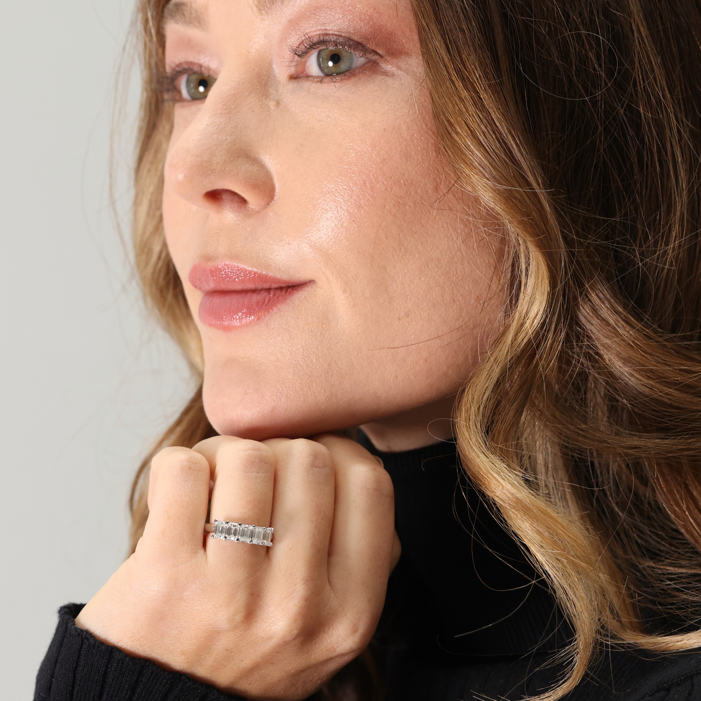 Platinum five stone emerald cut laboratory diamond ring