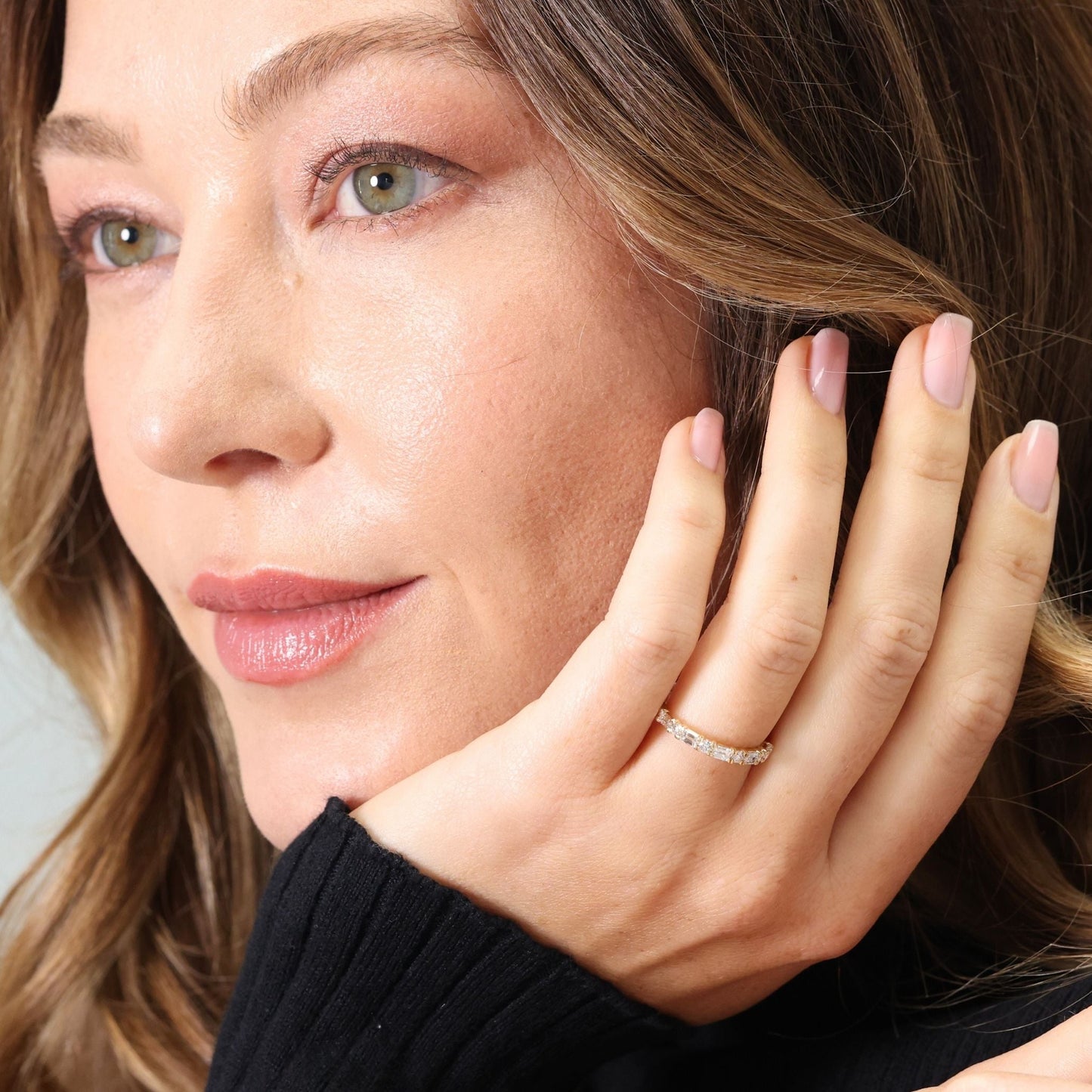 Emerald and brilliant cut laboratory diamond half eternity ring
