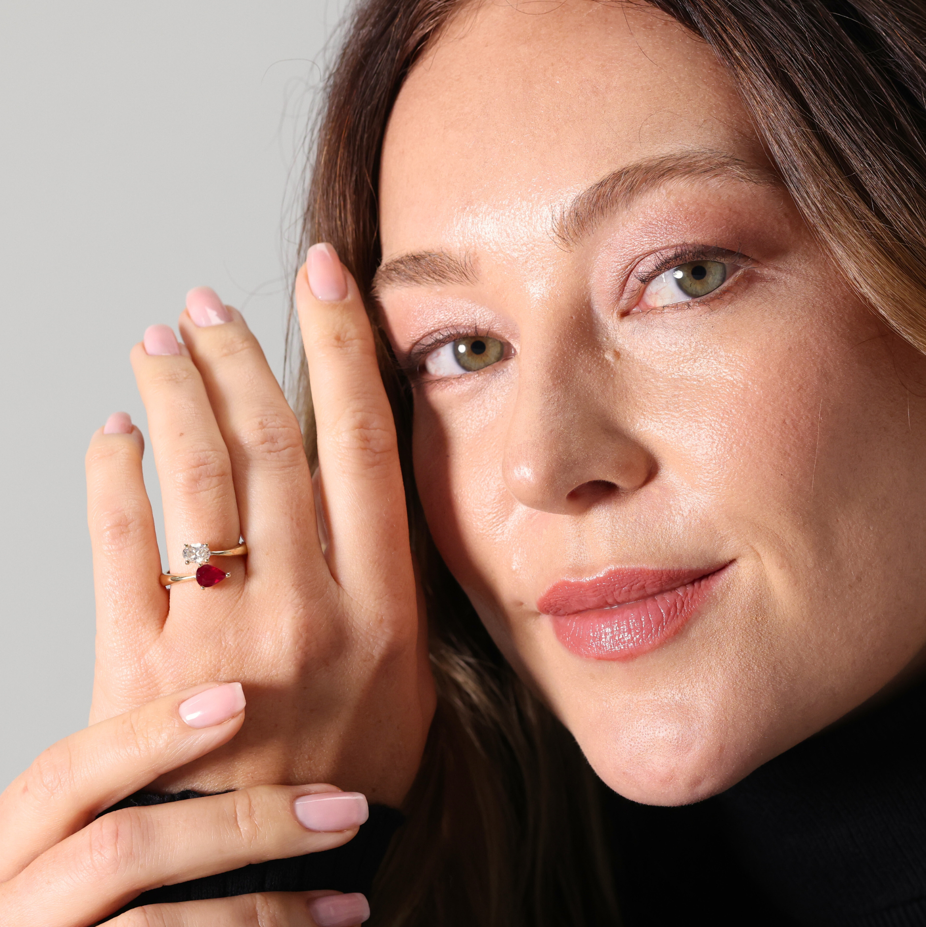 Moi et Toi ruby and diamond crossover ring