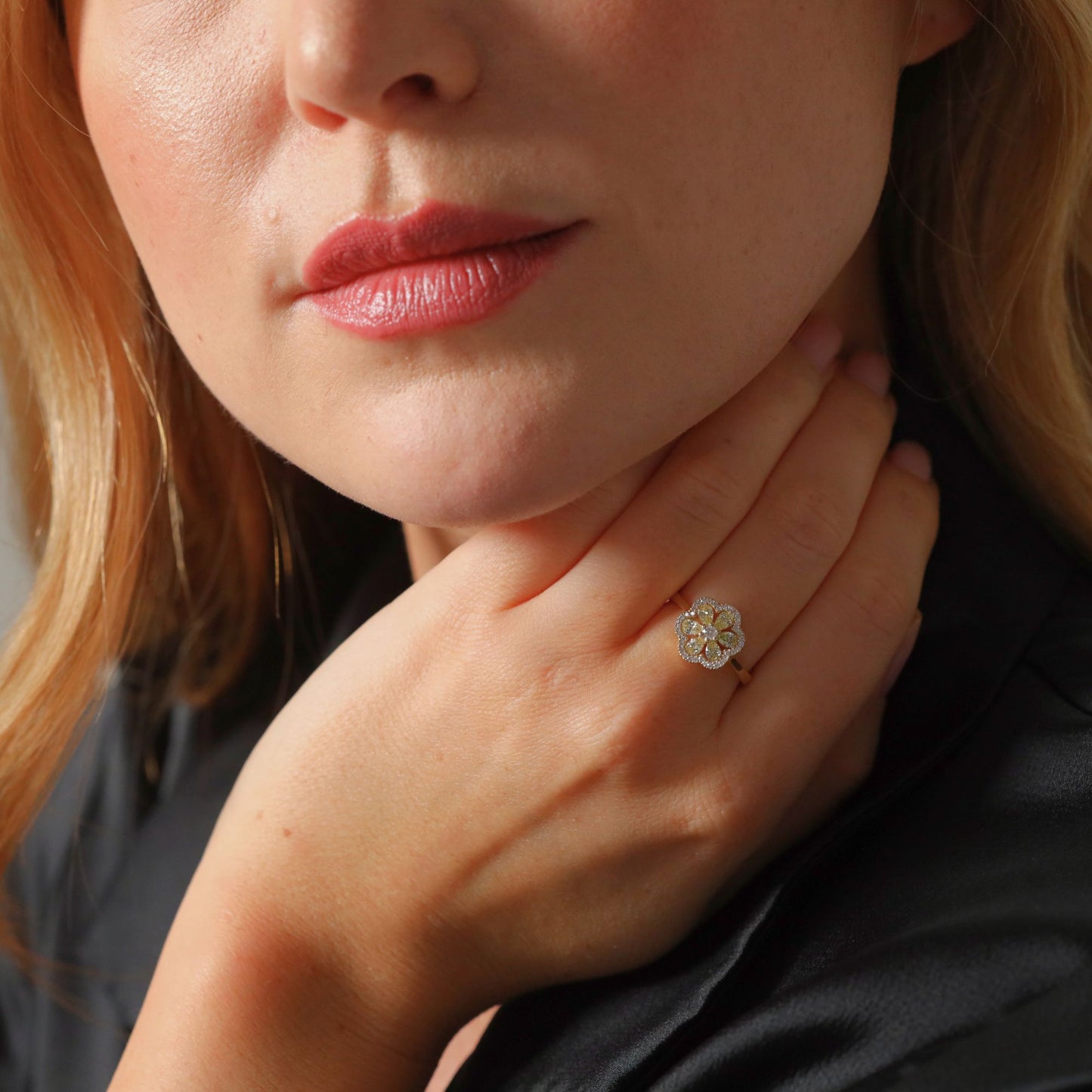 Yellow and white diamond floral cluster ring