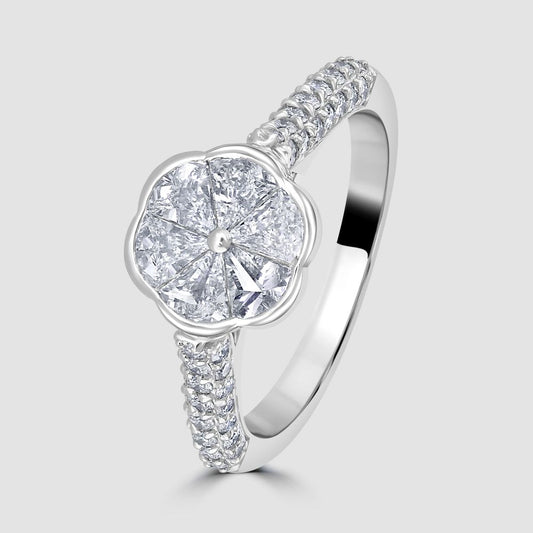 Unusual invisible set diamond cluster ring