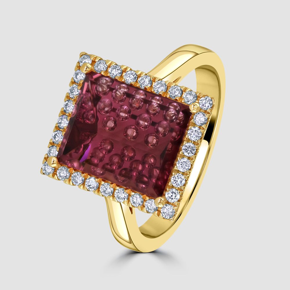 Unusual rose gold pink Tourmaline and diamond cluster ring